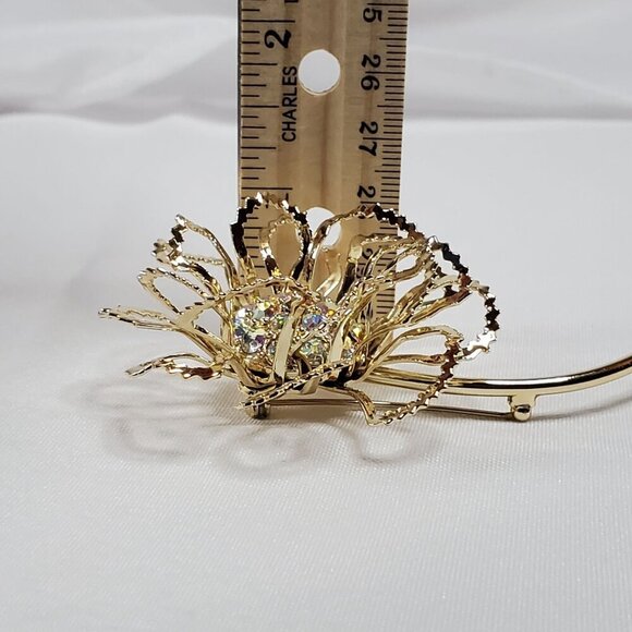 VTG Sarah Coventry Gold-Tone "Allusion" Filigree Flower Brooch Rhinestones 1968 - Picture 9 of 11